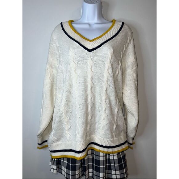 Divided Sweaters - Women’s Cable Knit Twist V Neck Sweater Varsity Cream/blue/yellow M